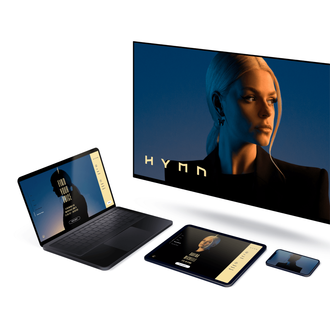 Variety of devices showing HYMN branding
